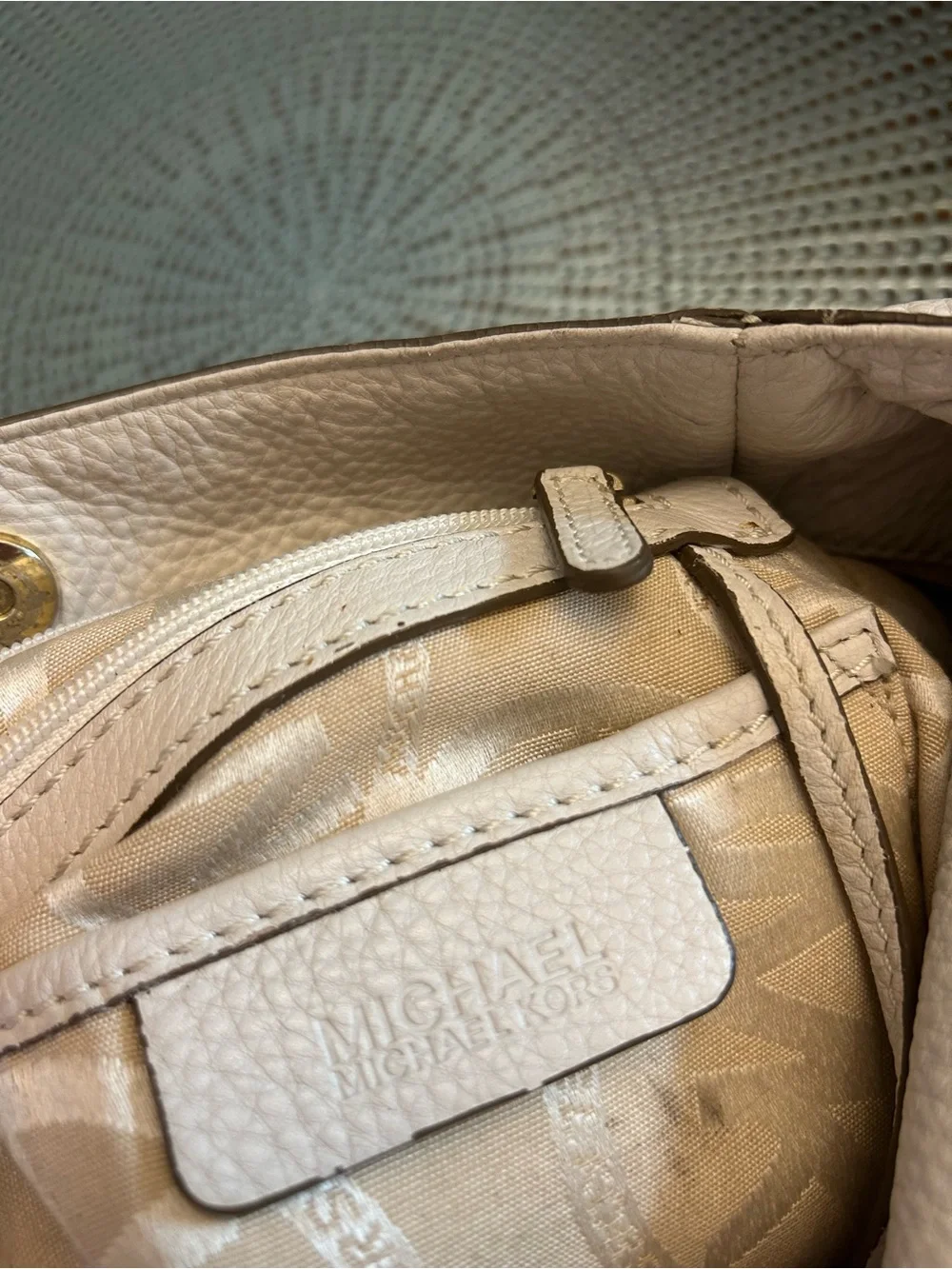 Michael Kors Beige Leather Shoulder Hobo Bag with Gold MK Logo